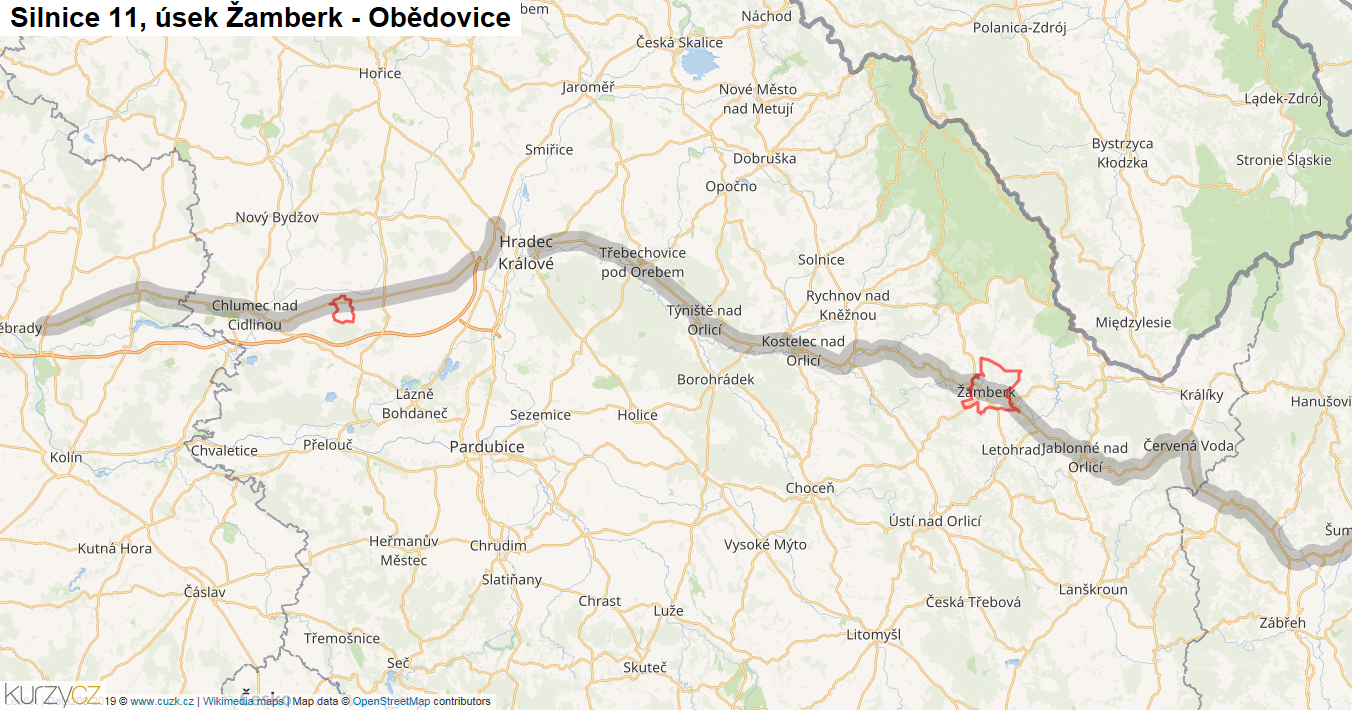 Úsek Žamberk - Obědovice, Silnice 11 - Mapa