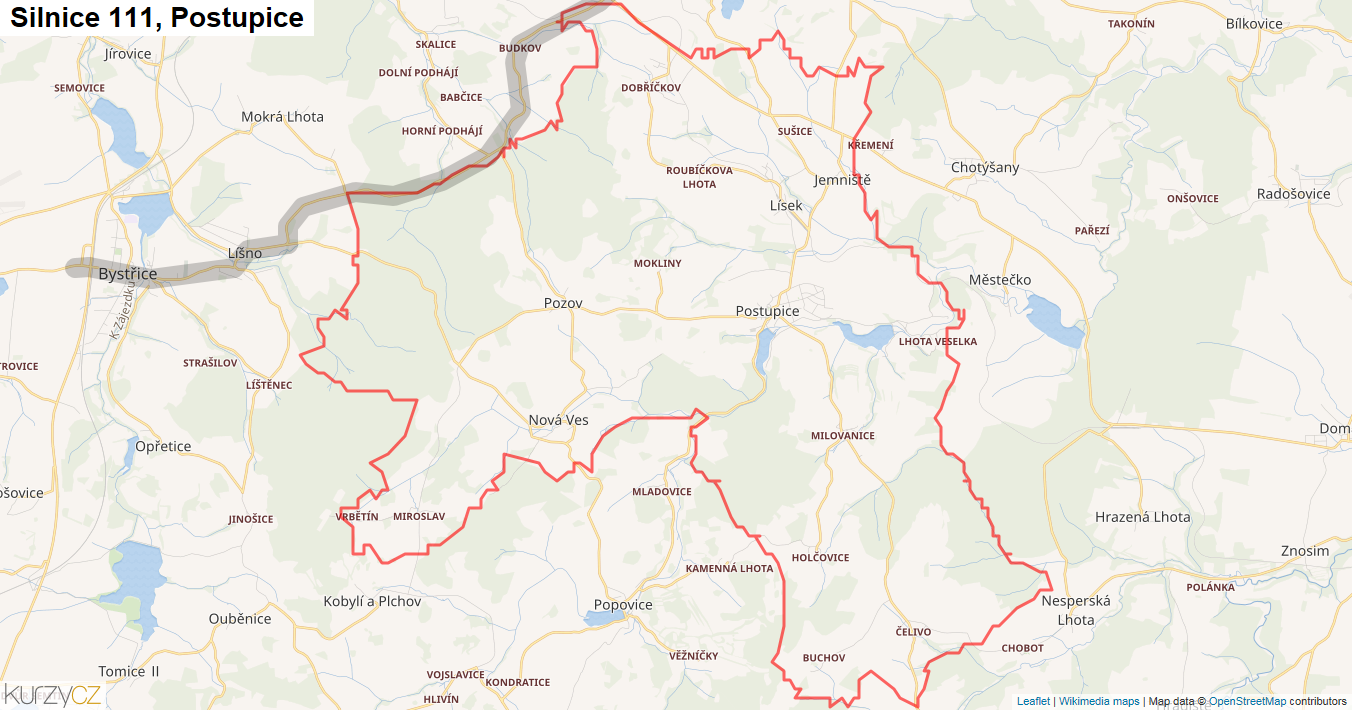 Postupice, Silnice 111 - Mapa