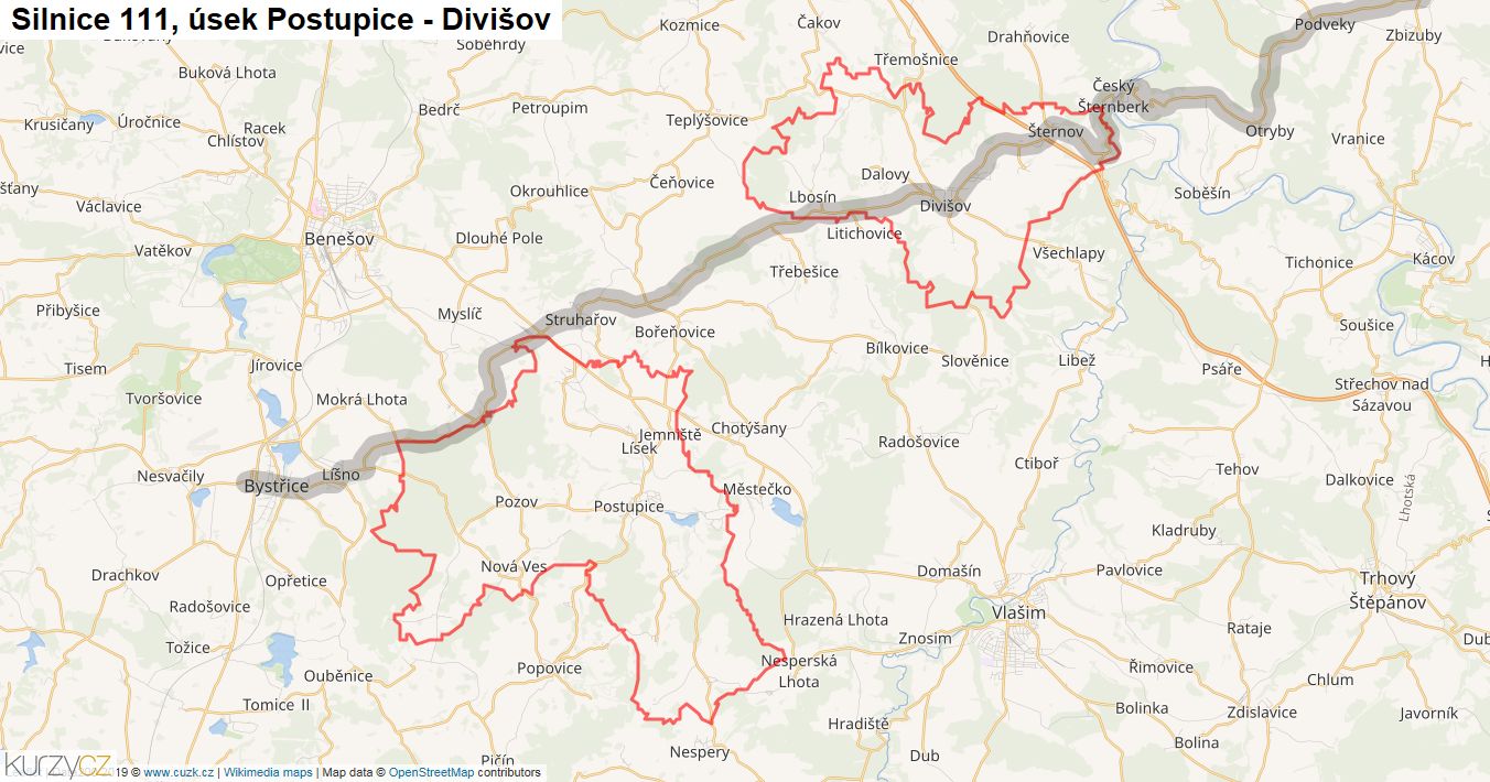 Úsek Postupice - Divišov, Silnice 111 - Mapa