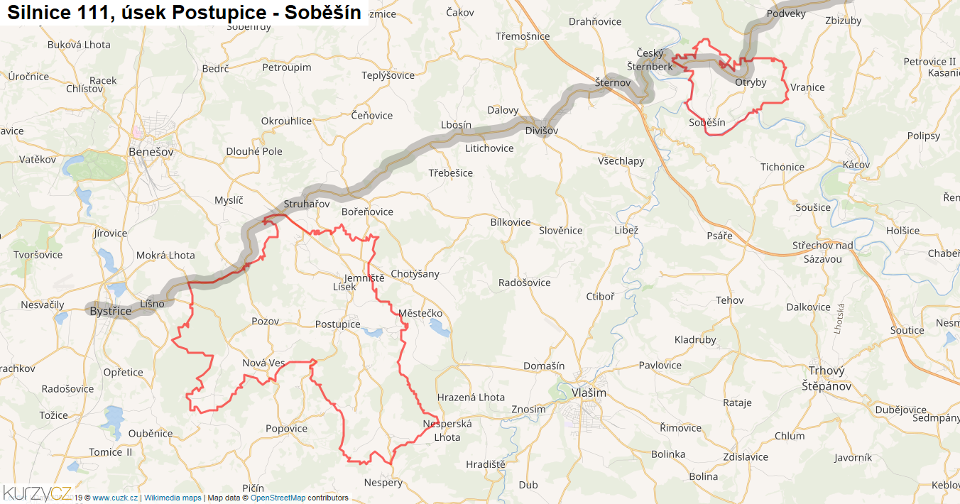 Úsek Postupice - Soběšín, Silnice 111 - Mapa