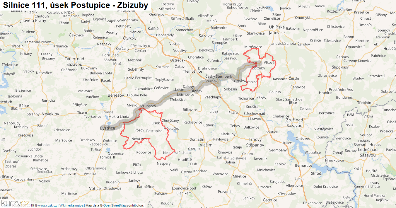 Úsek Postupice - Zbizuby, Silnice 111 - Mapa