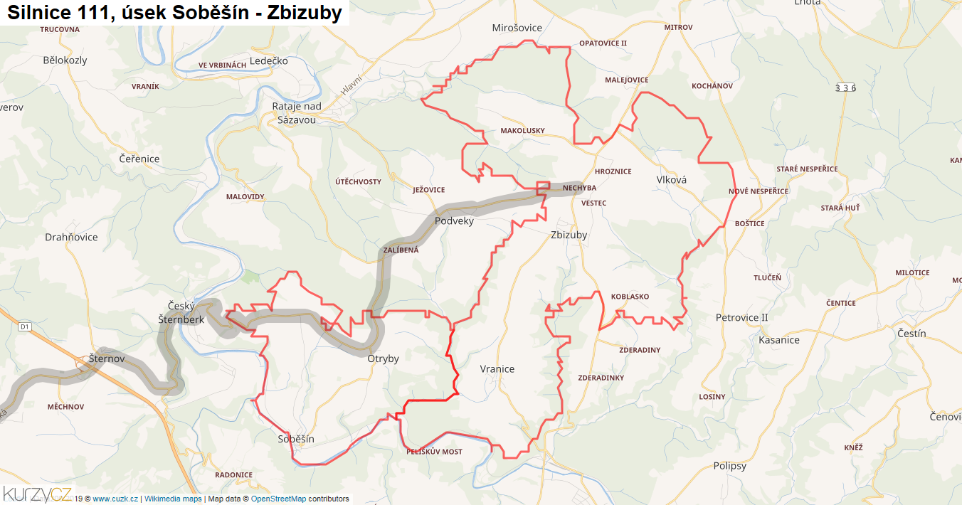 Úsek Soběšín - Zbizuby, Silnice 111 - Mapa