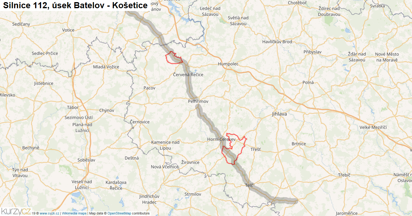 Úsek Batelov - Košetice, Silnice 112 - Mapa