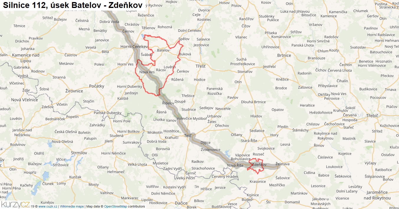 Úsek Batelov - Zdeňkov, Silnice 112 - Mapa