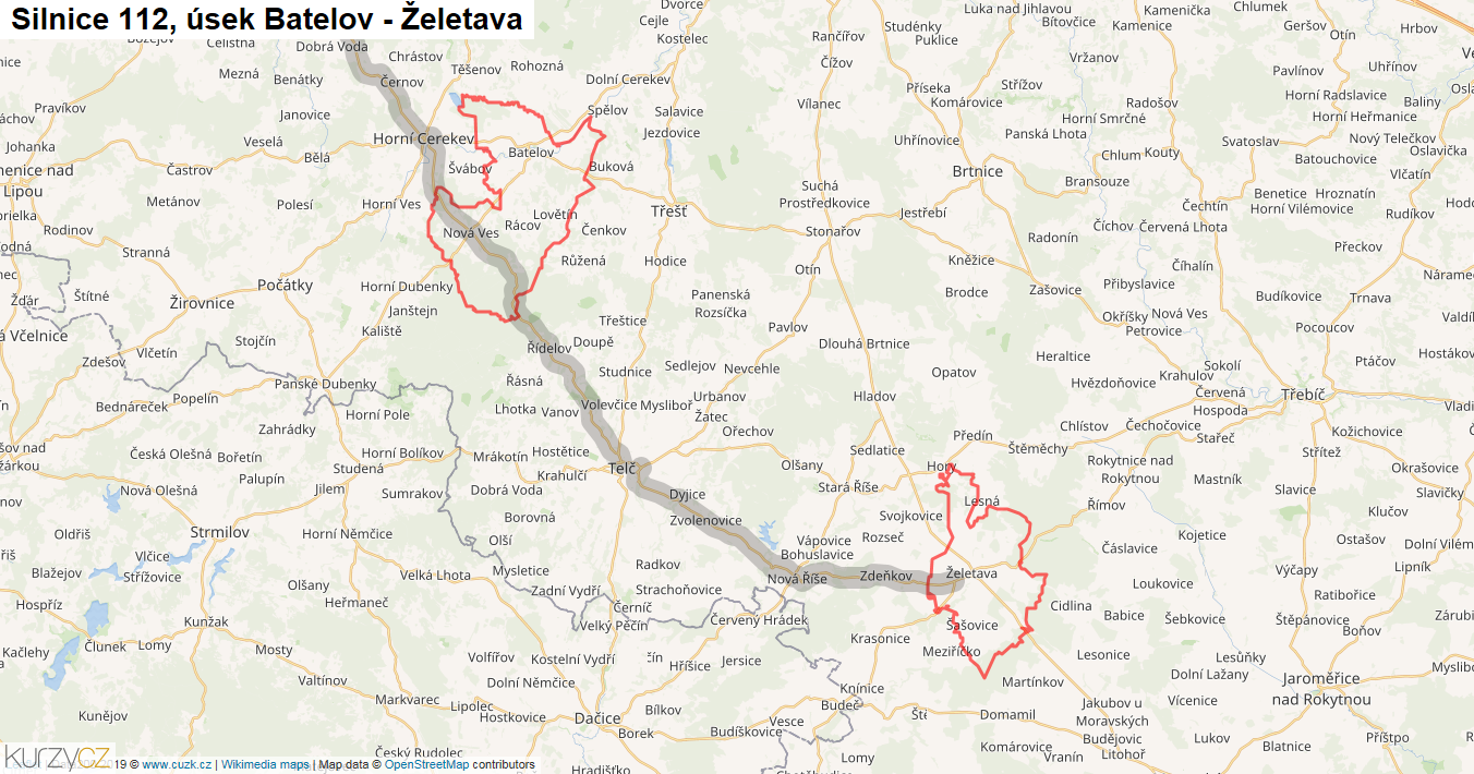 Úsek Batelov - Želetava, Silnice 112 - Mapa