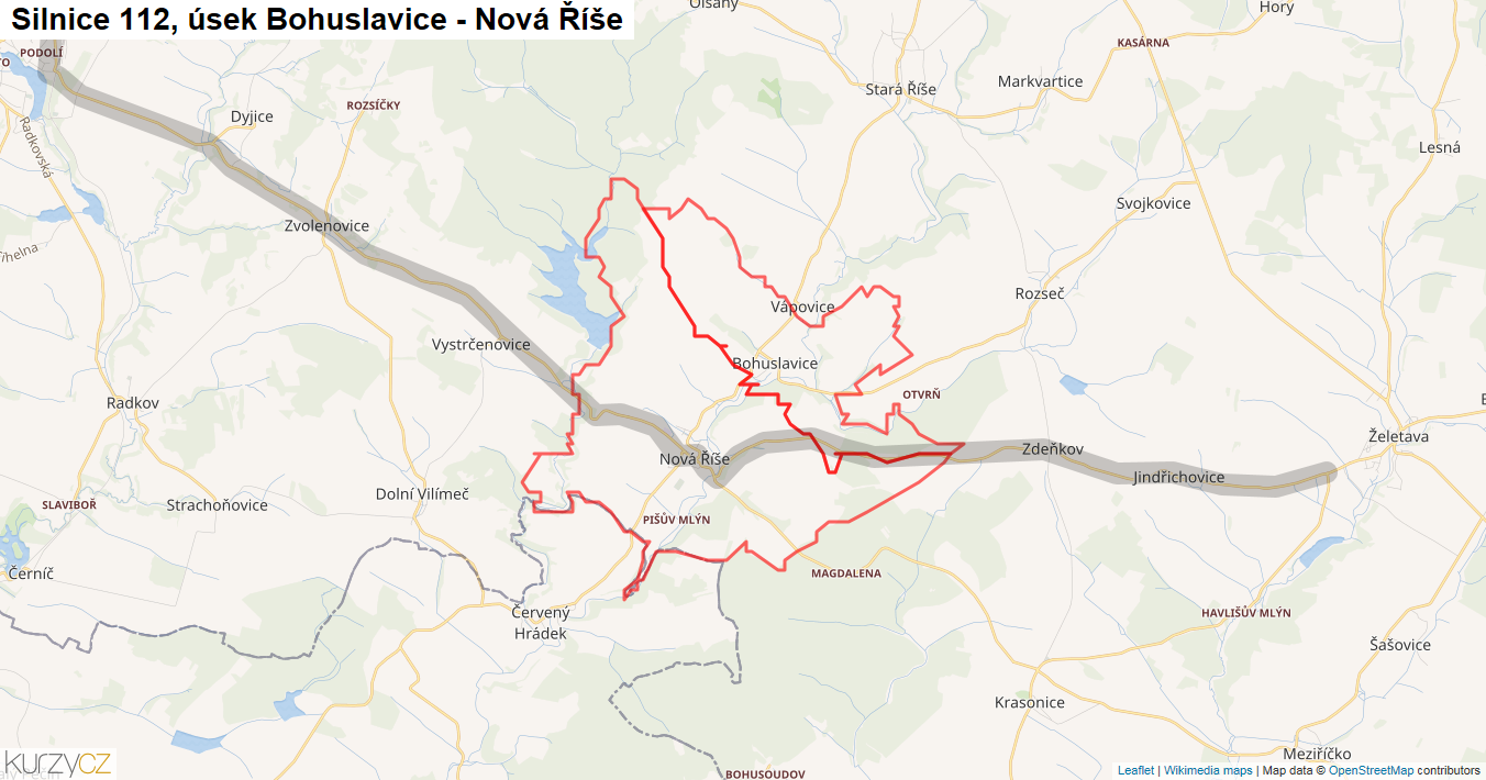Úsek Bohuslavice - Nová Říše, Silnice 112 - Mapa
