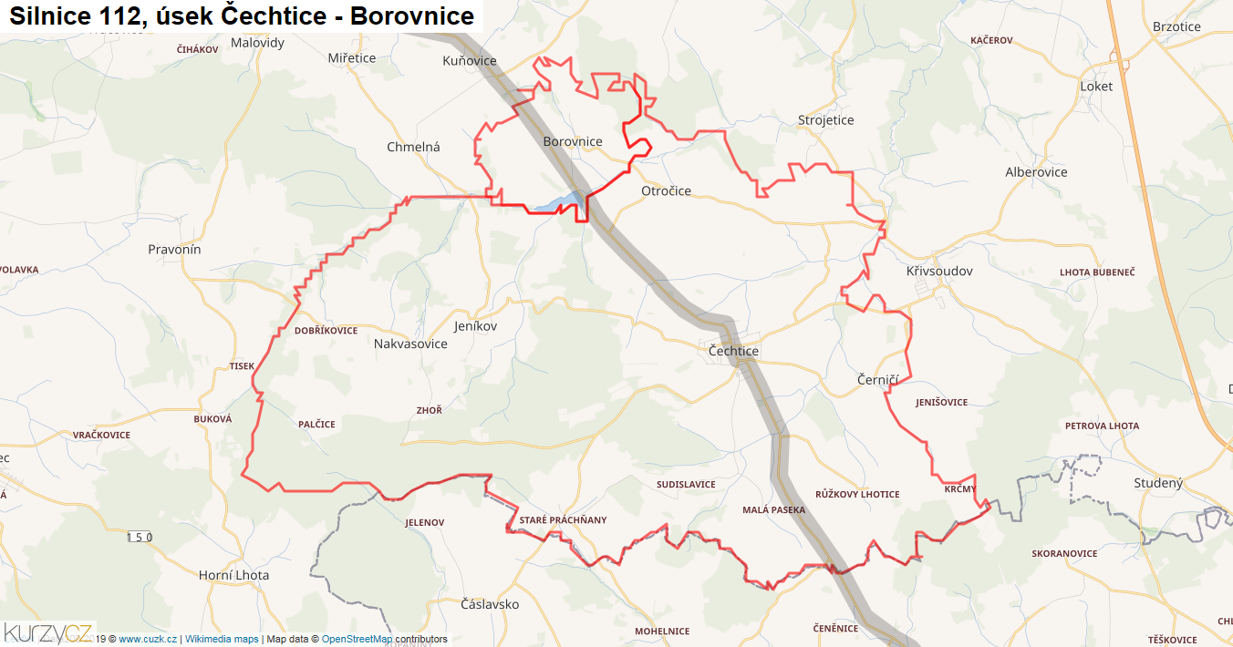 Úsek Čechtice - Borovnice, Silnice 112 - Mapa