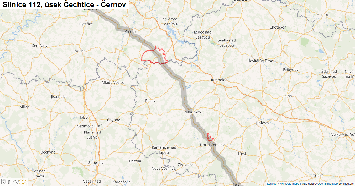 Úsek Čechtice - Černov, Silnice 112 - Mapa