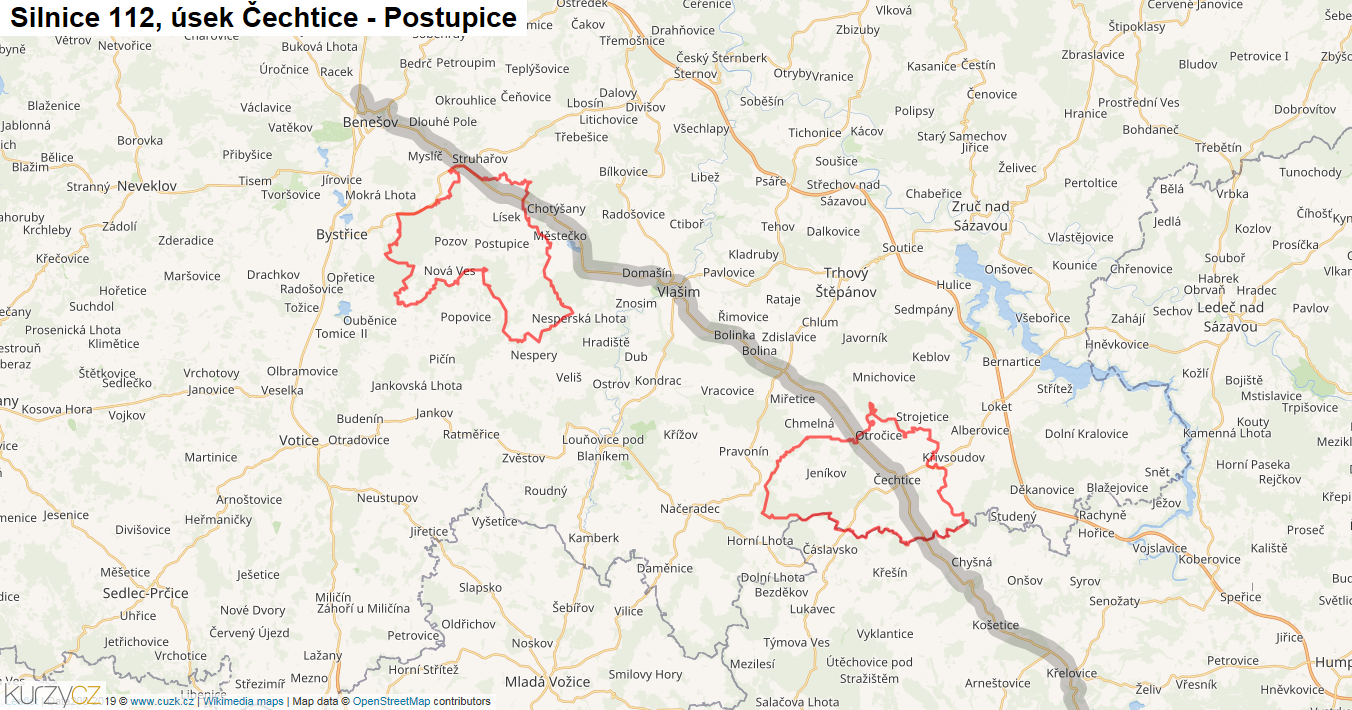 Úsek Čechtice - Postupice, Silnice 112 - Mapa