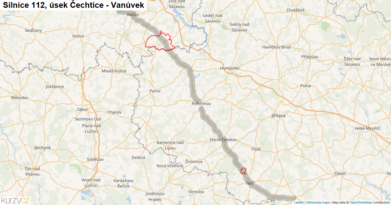 Úsek Čechtice - Vanůvek, Silnice 112 - Mapa