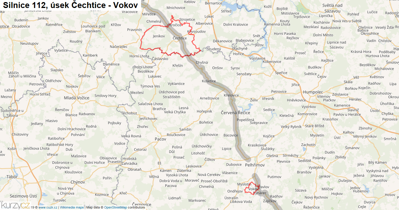 Úsek Čechtice - Vokov, Silnice 112 - Mapa
