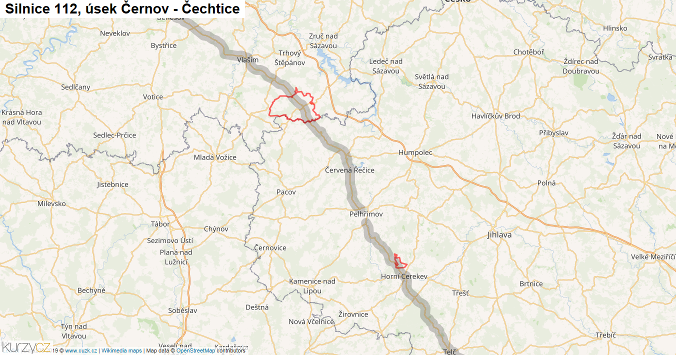 Úsek Černov - Čechtice, Silnice 112 - Mapa