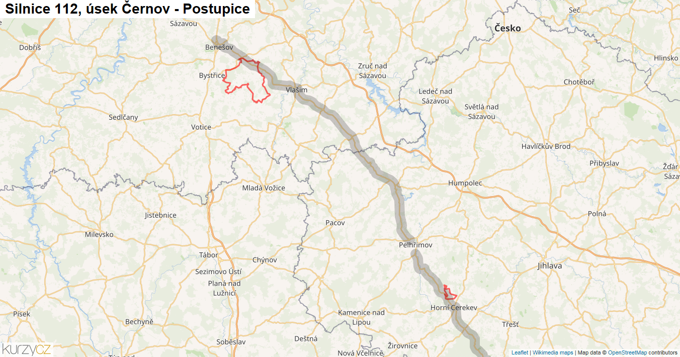 Úsek Černov - Postupice, Silnice 112 - Mapa