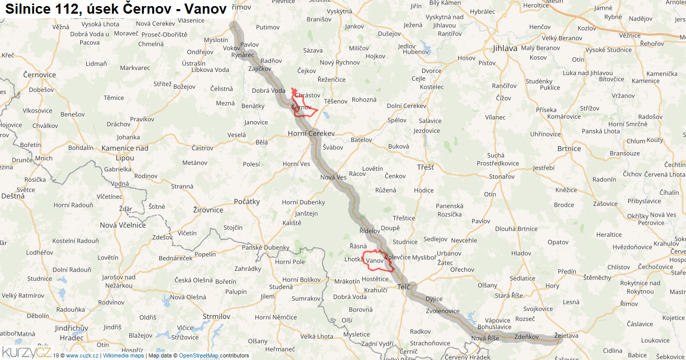 Úsek Černov - Vanov, Silnice 112 - Mapa