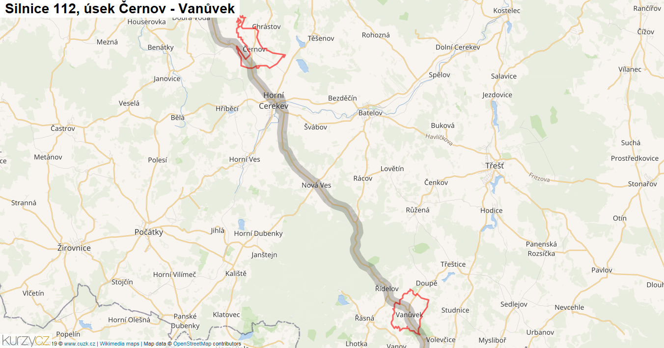 Úsek Černov - Vanůvek, Silnice 112 - Mapa