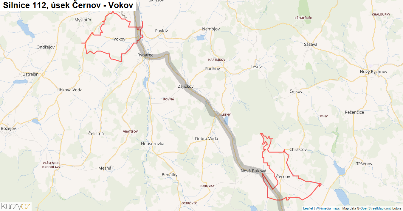Úsek Černov - Vokov, Silnice 112 - Mapa