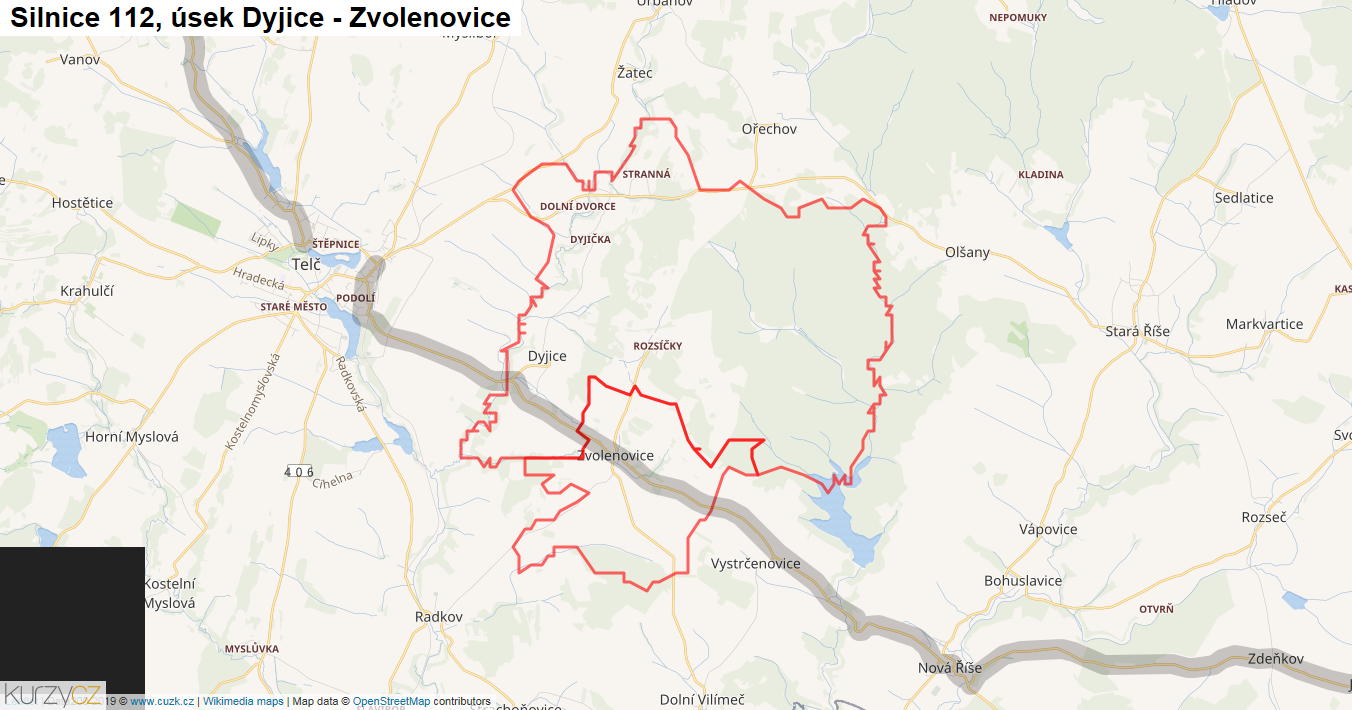 Úsek Dyjice - Zvolenovice, Silnice 112 - Mapa