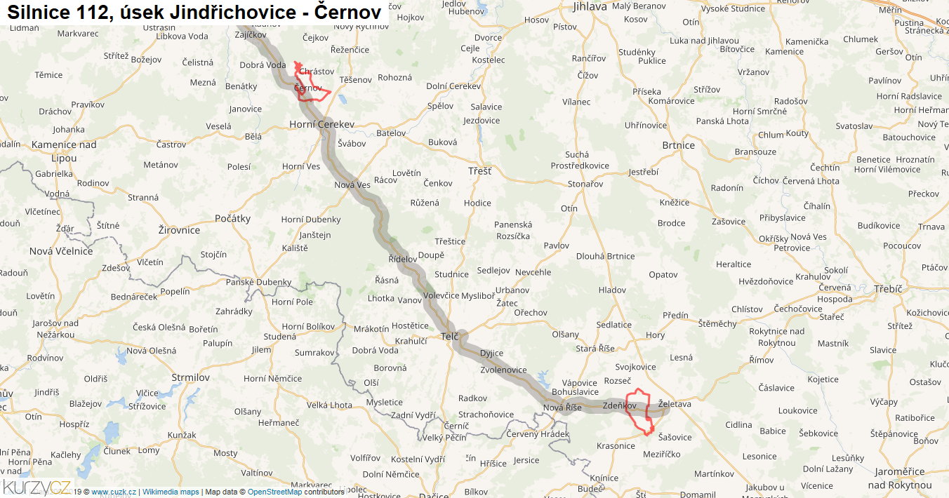 Úsek Jindřichovice - Černov, Silnice 112 - Mapa