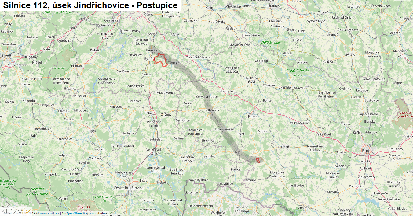 Úsek Jindřichovice - Postupice, Silnice 112 - Mapa