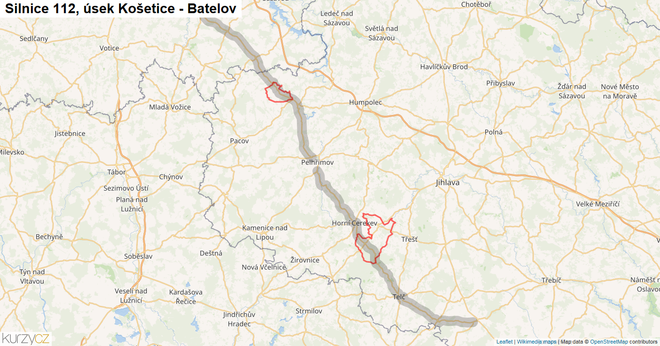 Úsek Košetice - Batelov, Silnice 112 - Mapa