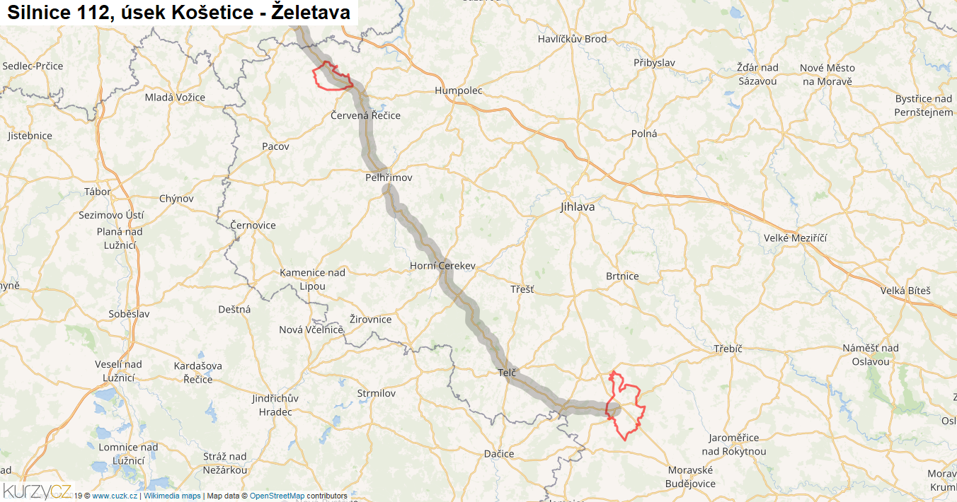 Úsek Košetice - Želetava, Silnice 112 - Mapa