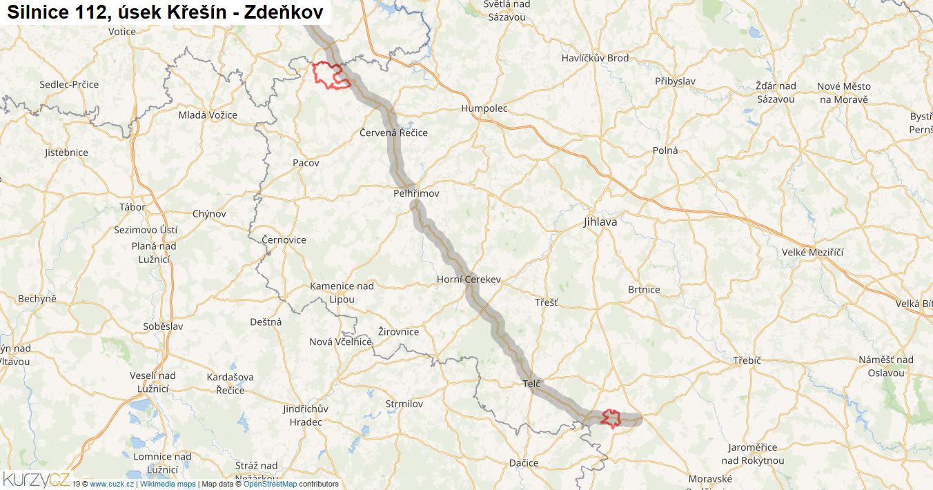Úsek Křešín - Zdeňkov, Silnice 112 - Mapa