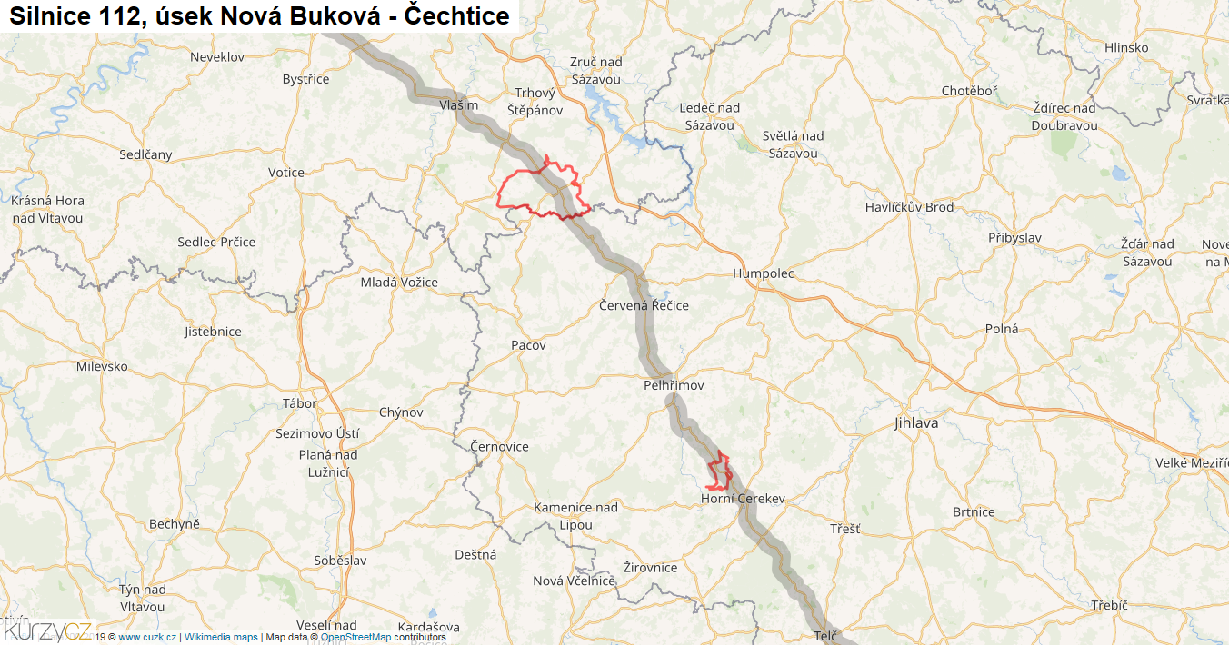 Úsek Nová Buková - Čechtice, Silnice 112 - Mapa