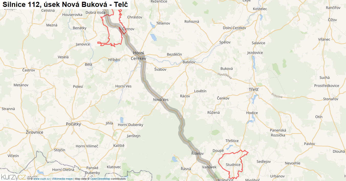 Úsek Nová Buková - Telč, Silnice 112 - Mapa