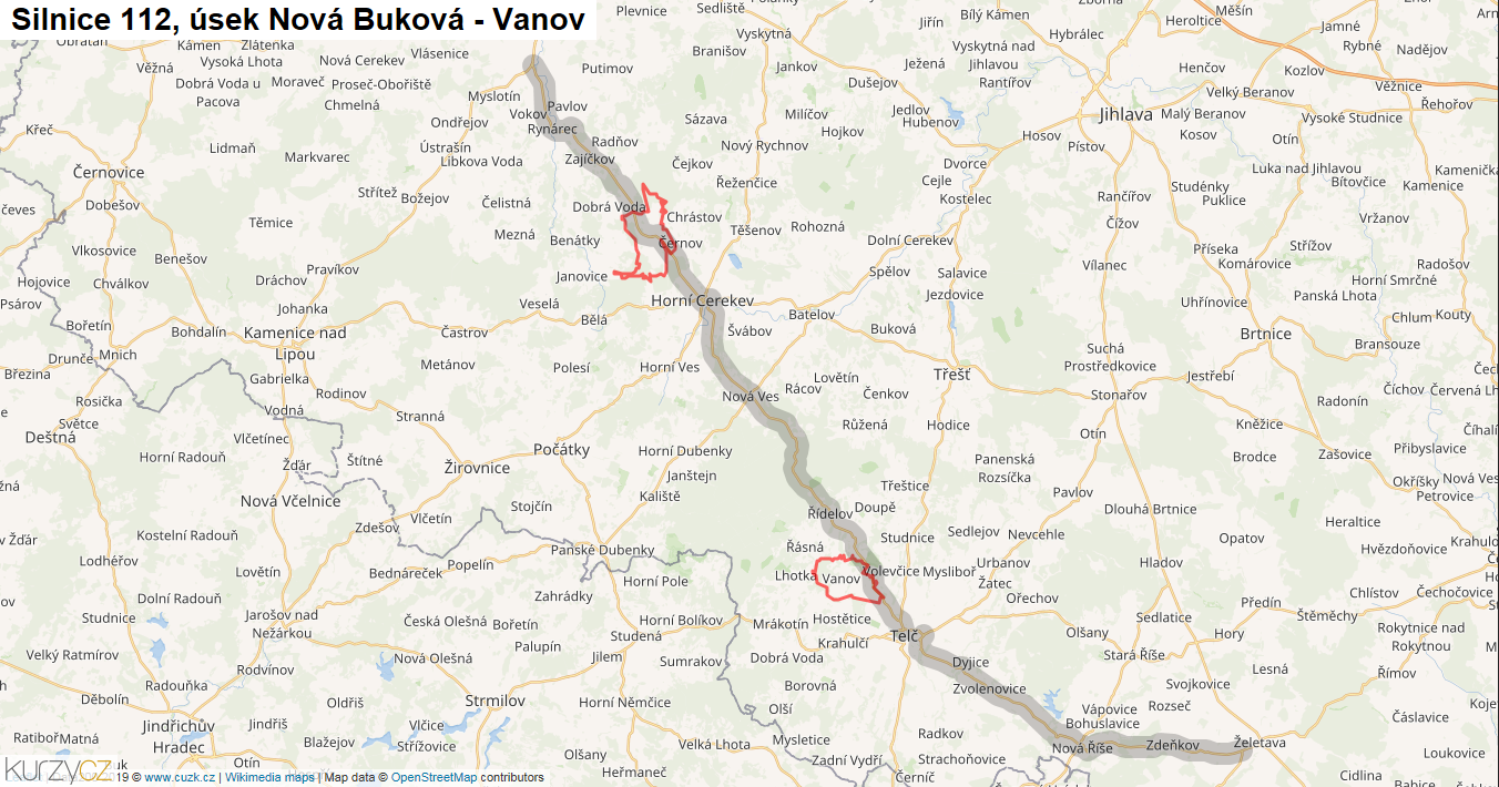 Úsek Nová Buková - Vanov, Silnice 112 - Mapa