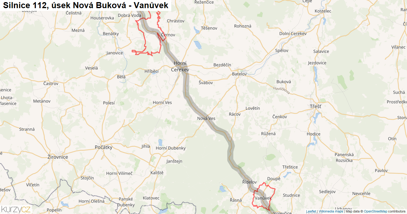 Úsek Nová Buková - Vanůvek, Silnice 112 - Mapa
