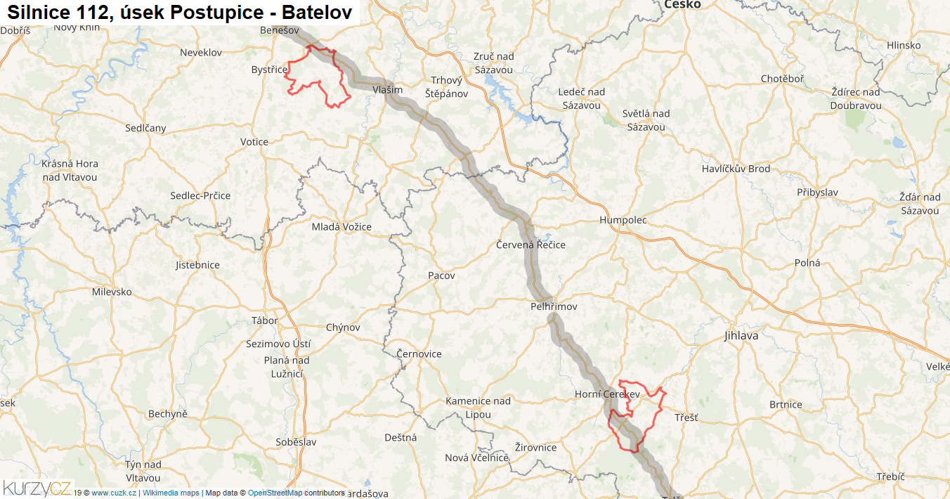 Úsek Postupice - Batelov, Silnice 112 - Mapa
