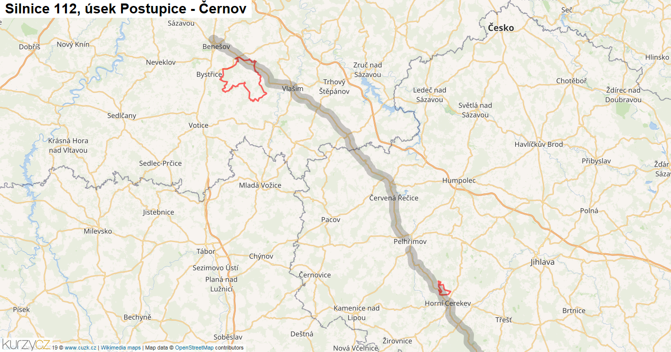 Úsek Postupice - Černov, Silnice 112 - Mapa