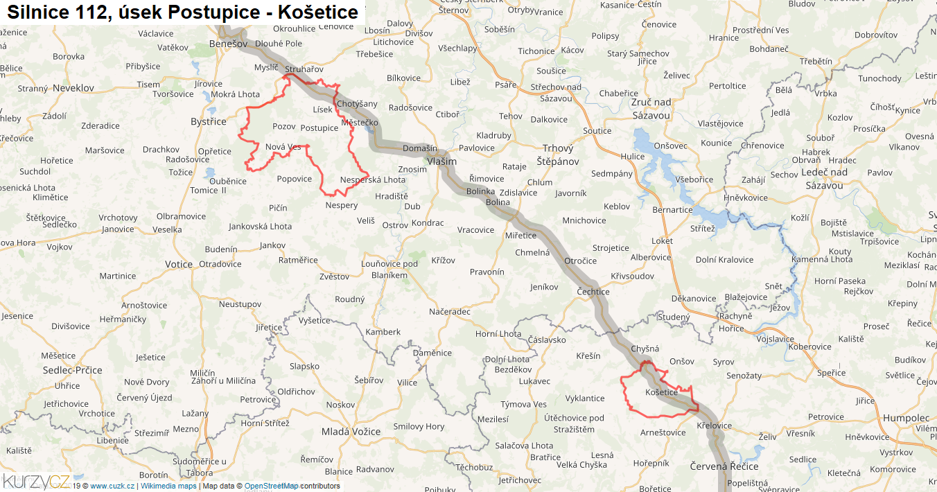 Úsek Postupice - Košetice, Silnice 112 - Mapa