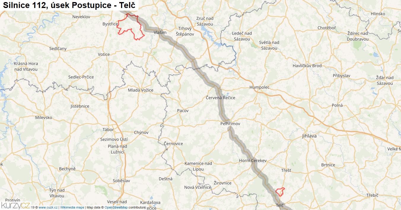 Úsek Postupice - Telč, Silnice 112 - Mapa