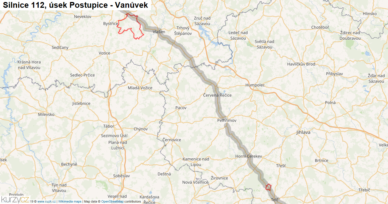 Úsek Postupice - Vanůvek, Silnice 112 - Mapa