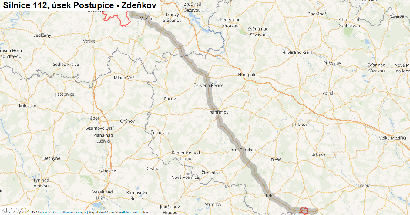 Úsek Postupice - Zdeňkov, Silnice 112 - Mapa