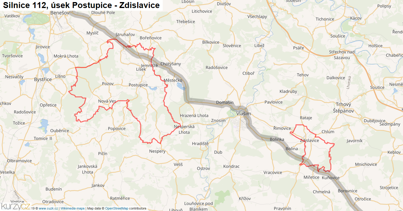 Úsek Postupice - Zdislavice, Silnice 112 - Mapa