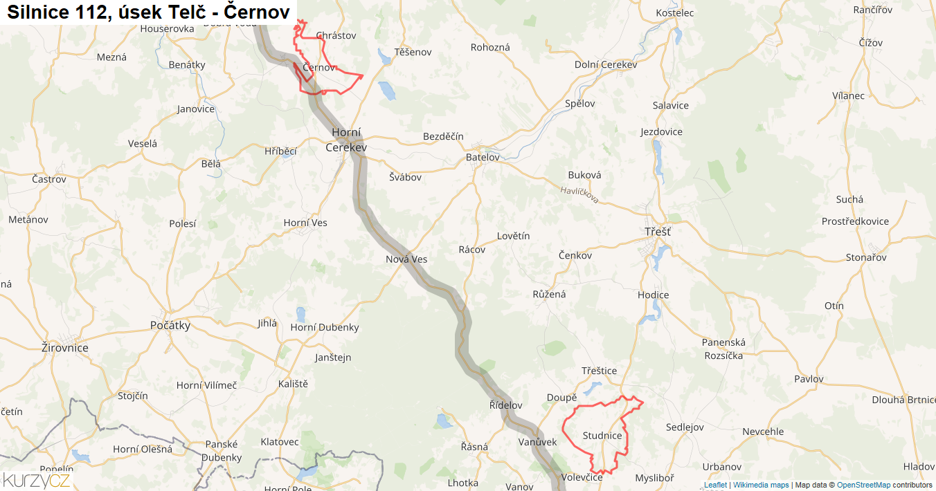 Úsek Telč - Černov, Silnice 112 - Mapa