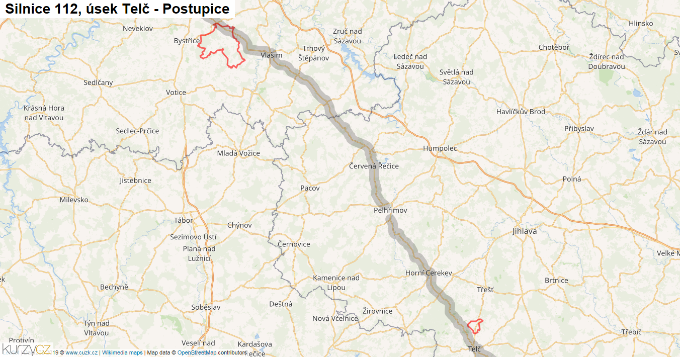 Úsek Telč - Postupice, Silnice 112 - Mapa