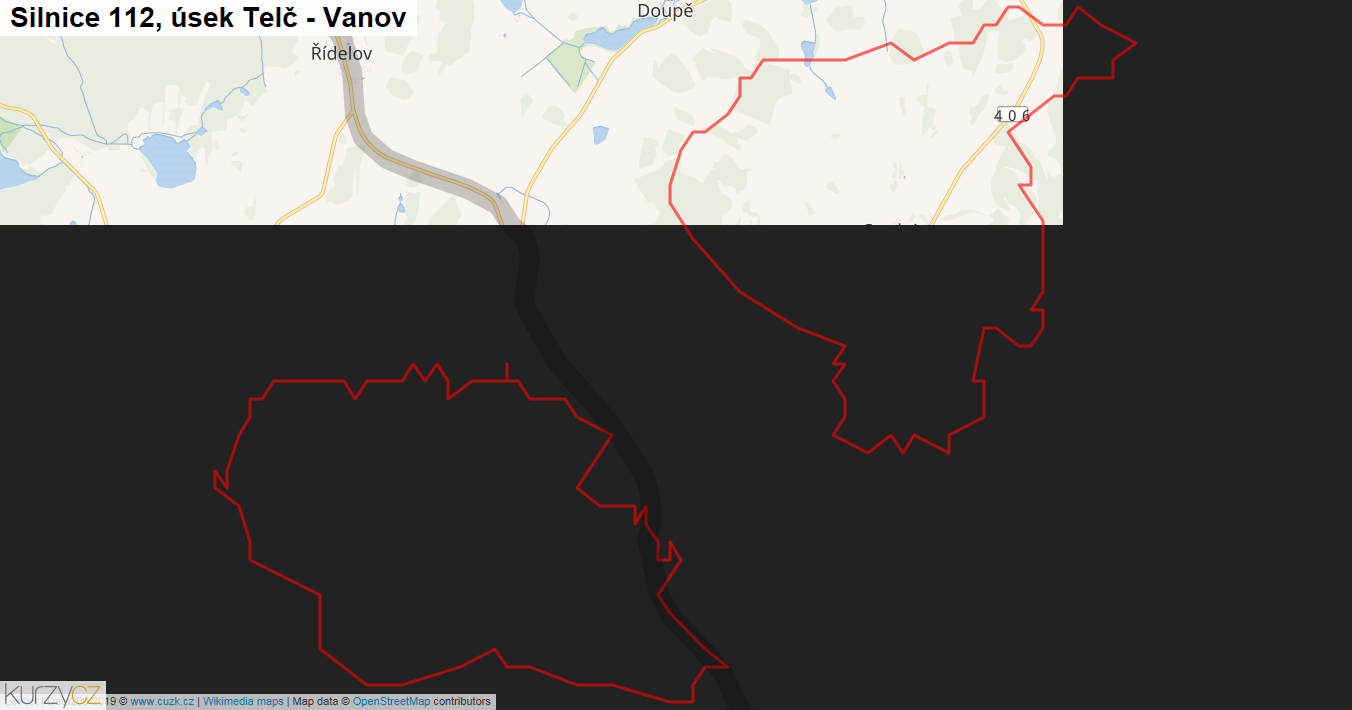 Úsek Telč - Vanov, Silnice 112 - Mapa