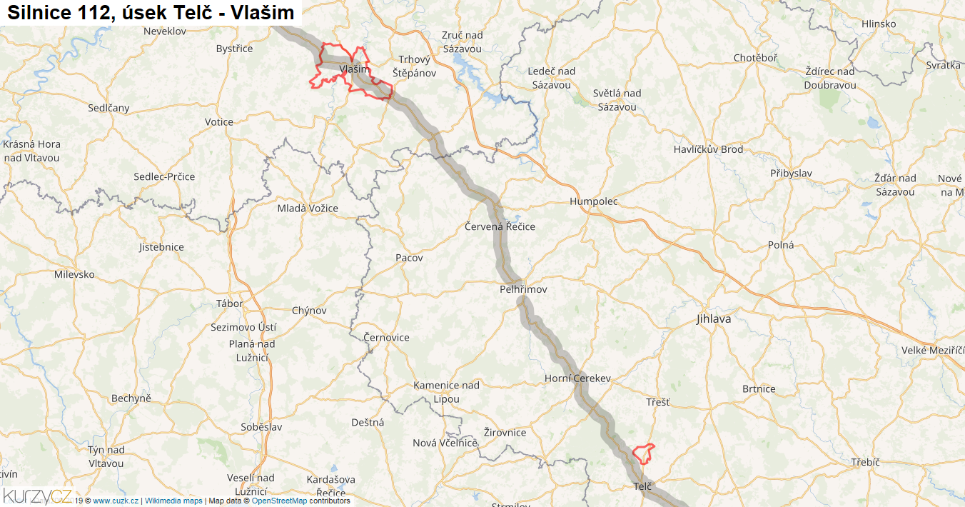 Úsek Telč - Vlašim, Silnice 112 - Mapa