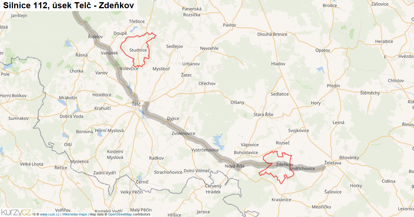 Úsek Telč - Zdeňkov, Silnice 112 - Mapa