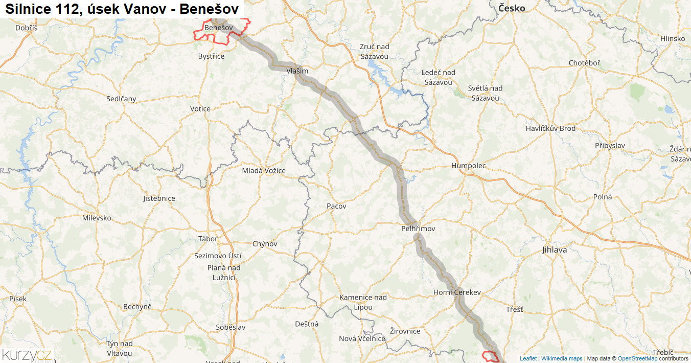 Úsek Vanov - Benešov, Silnice 112 - Mapa