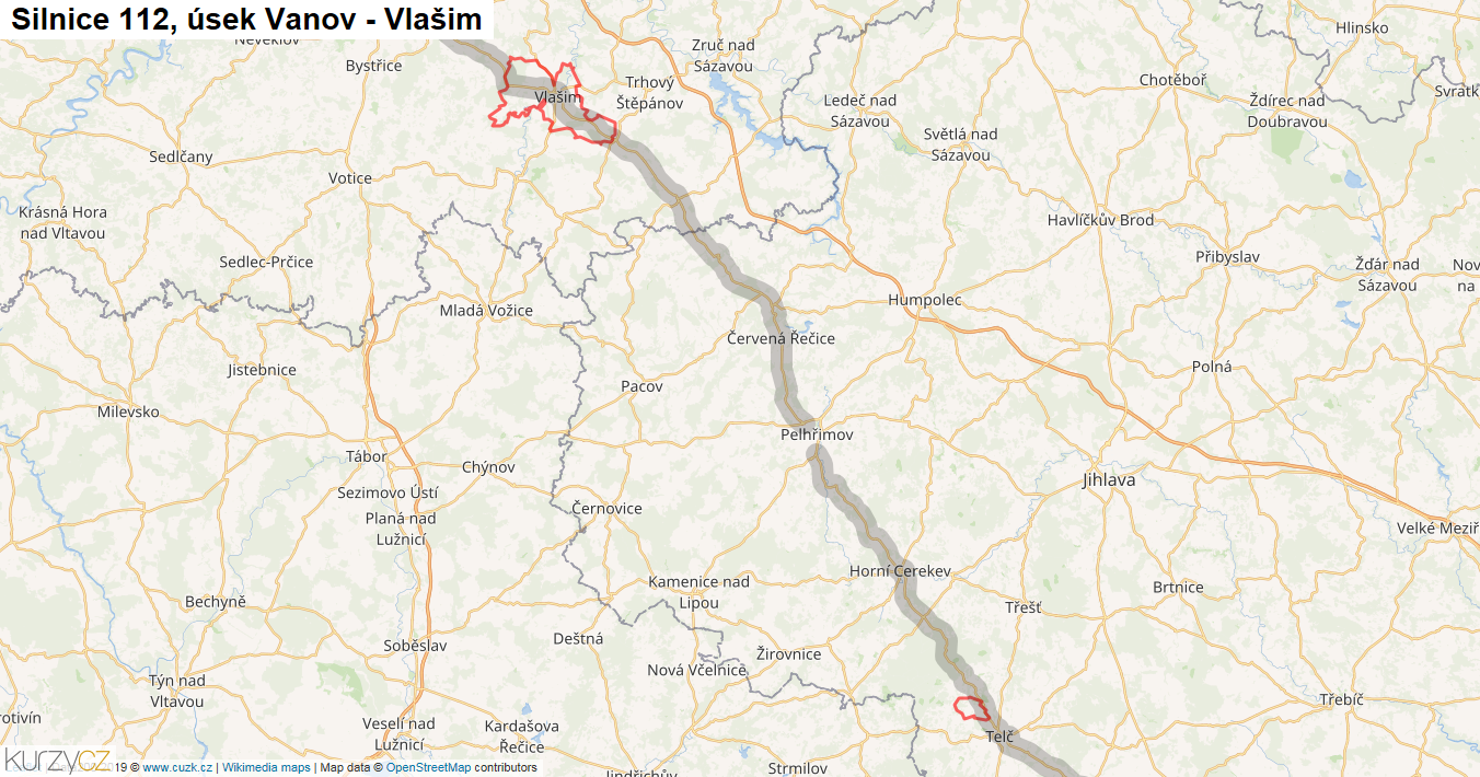 Úsek Vanov - Vlašim, Silnice 112 - Mapa