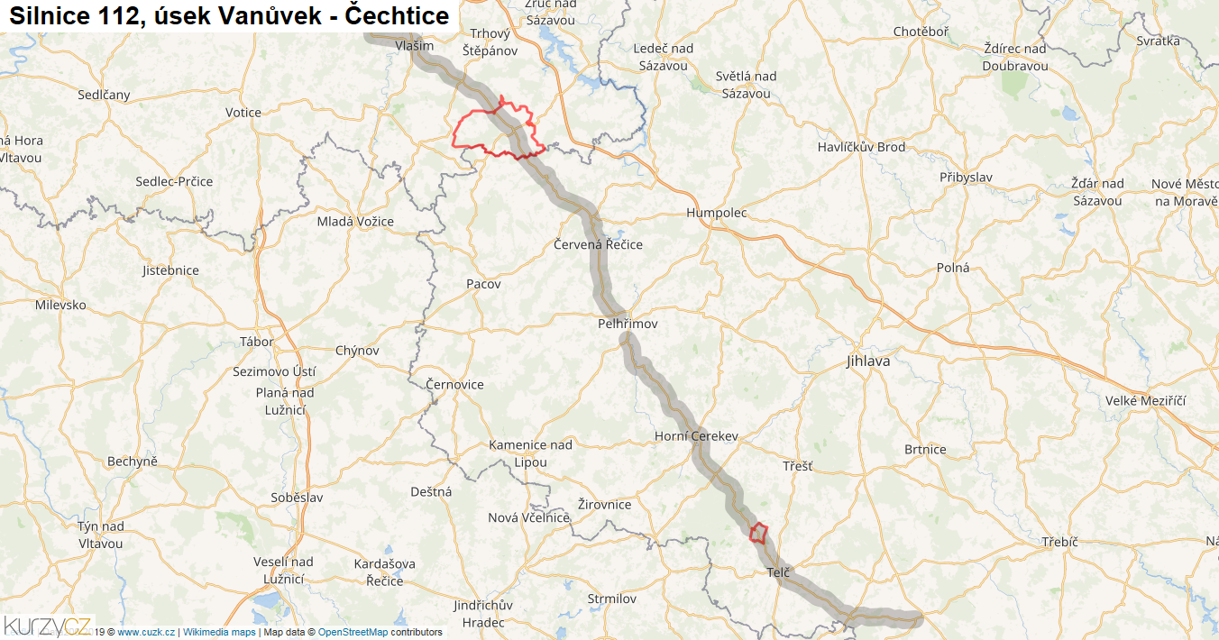 Úsek Vanůvek - Čechtice, Silnice 112 - Mapa