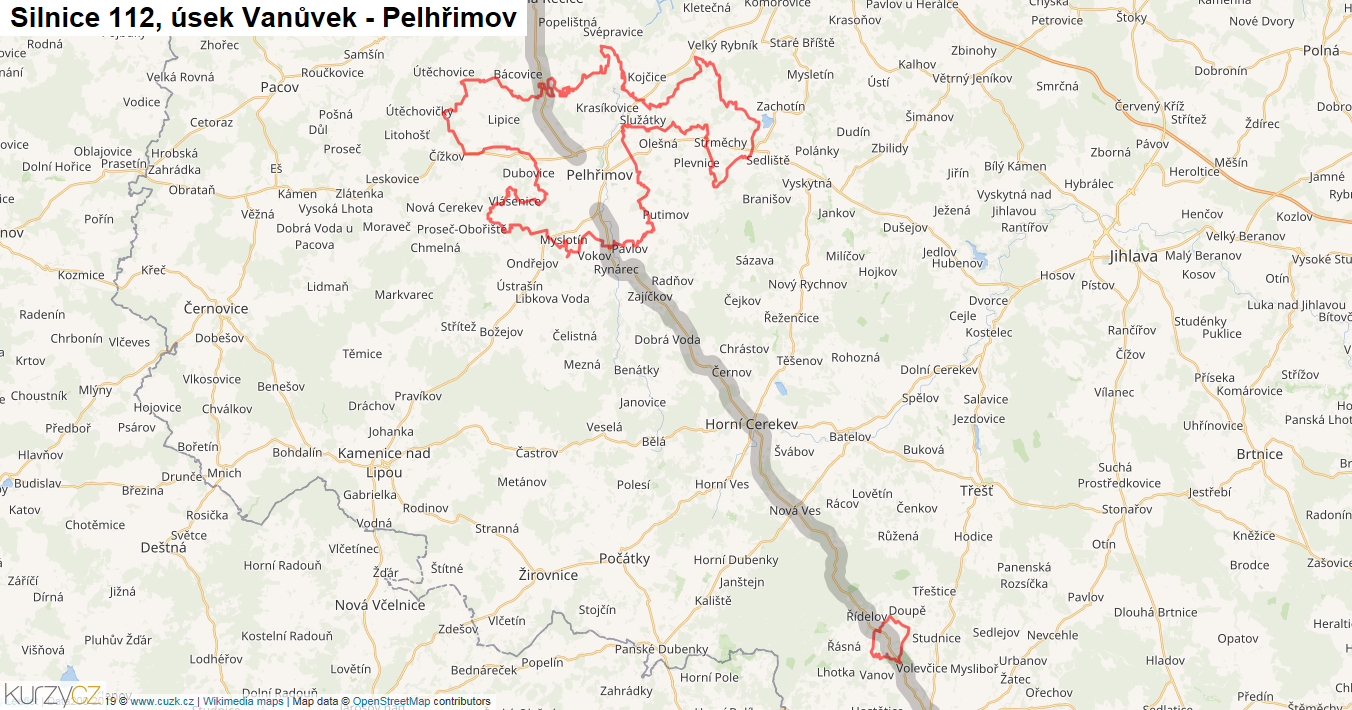 Úsek Vanůvek - Pelhřimov, Silnice 112 - Mapa