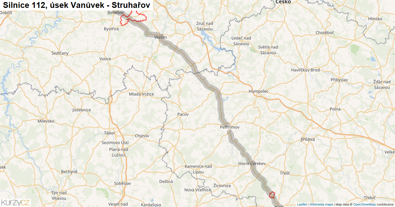 Úsek Vanůvek - Struhařov, Silnice 112 - Mapa