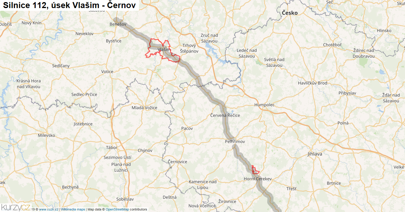 Úsek Vlašim - Černov, Silnice 112 - Mapa