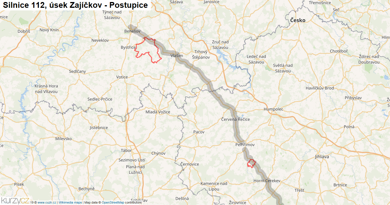 Úsek Zajíčkov - Postupice, Silnice 112 - Mapa
