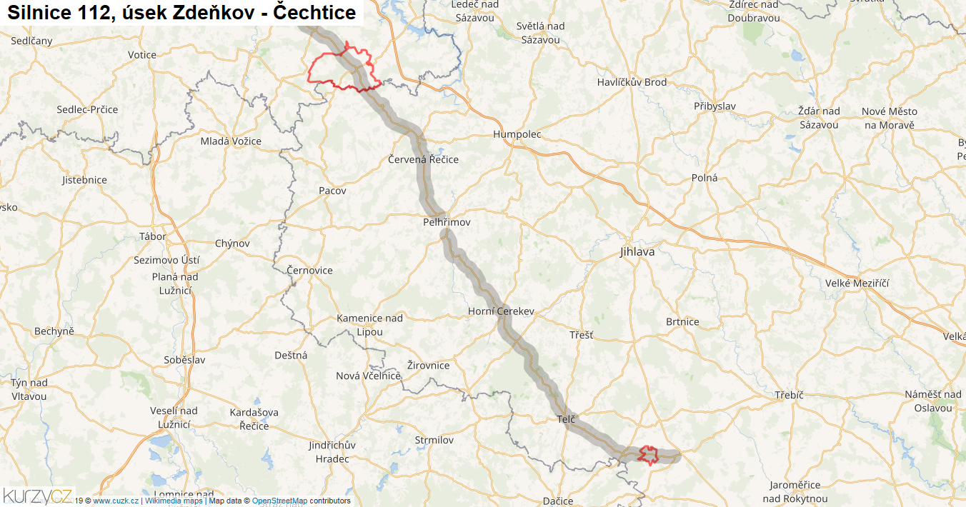 Úsek Zdeňkov - Čechtice, Silnice 112 - Mapa